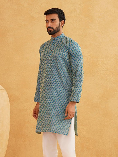 Men Blue & Beige Ethnic Motif Printed Jacquard Silk Kurta