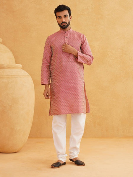 Men Pink & Beige Ethnic Motifs Jacquard Woven Design Straight Kurta