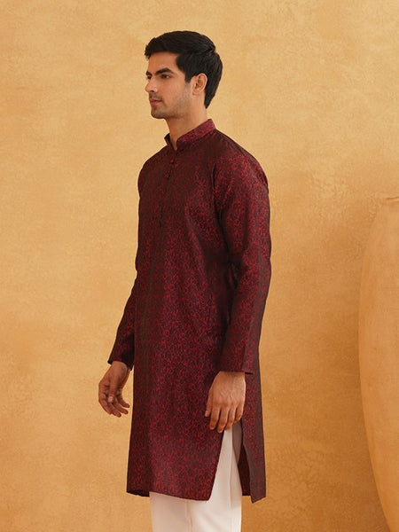Men HandCrafted Maroon Printed Straight Kurta