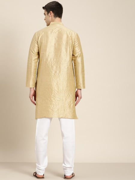 Men Gold Woven Design Jacquard Straight Kurta