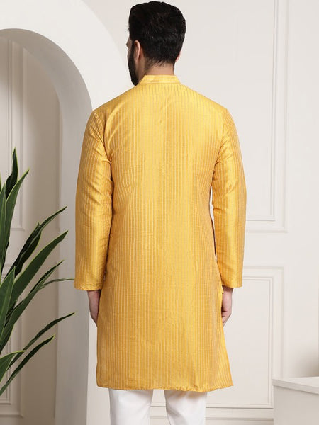 Men Yellow Woven Design Jacquard Straight Kurta