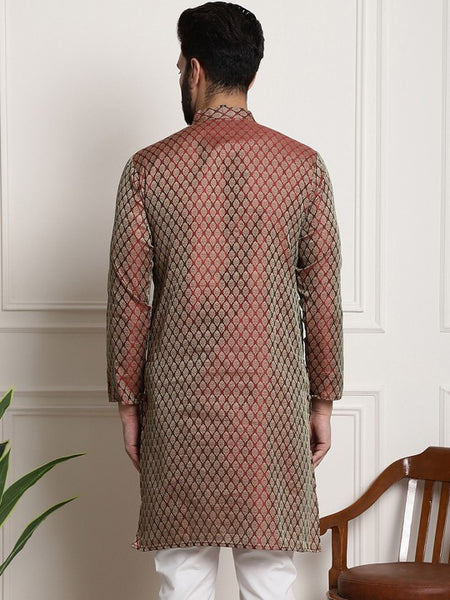 Men Maroon & Golden Ethnic Motifs Jacquard Silk Kurta