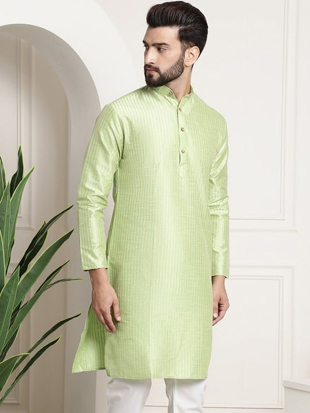 Men Pista Green Woven Design Jacquard Straight Kurta