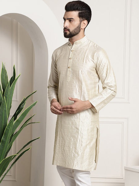 Men cream-coloured Ethnic Motifs Jacquard Silk Kurta