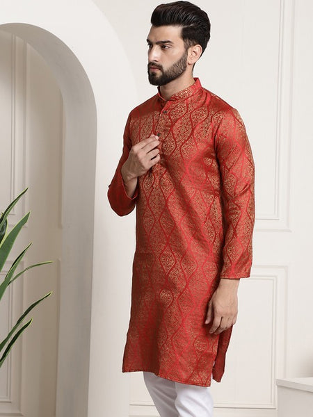 Men Red Woven Design Jacquard Straight Kurta