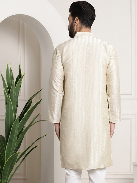 Men cream-coloured Ethnic Motifs Jacquard Silk Kurta