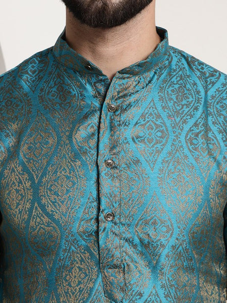 Men Teal & Gold-Toned Indian Ethnic Motif Kurta