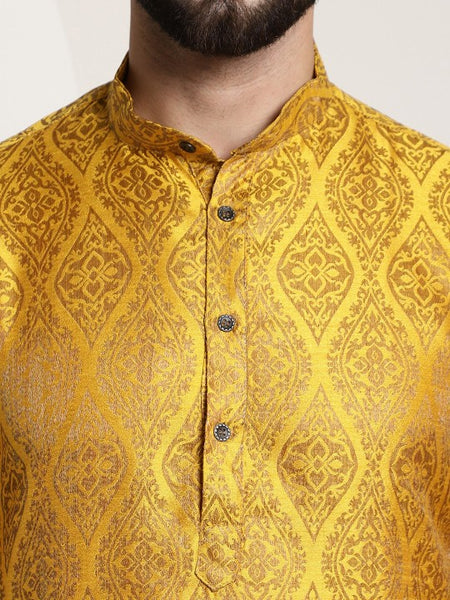 Men Yellow Woven Design Jacquard Straight Kurta