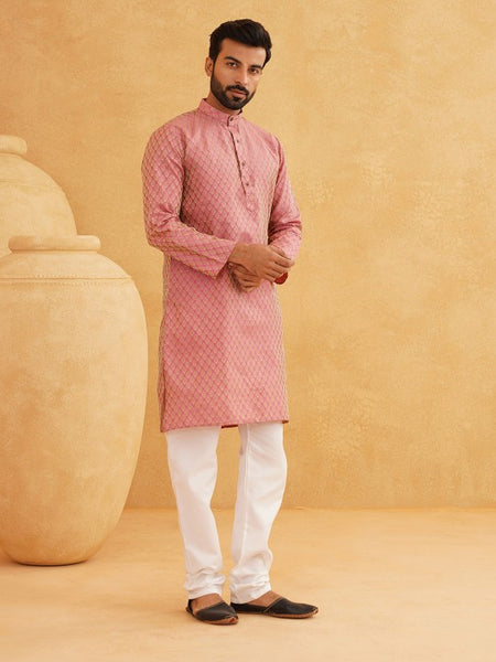 Men Pink & Beige Ethnic Motifs Jacquard Woven Design Straight Kurta