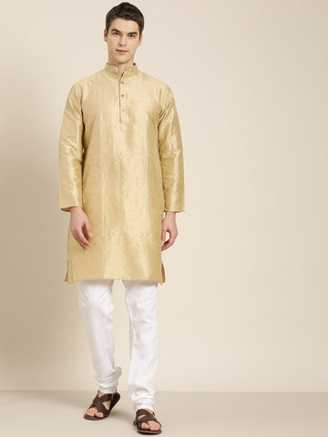 Men Gold Woven Design Jacquard Straight Kurta