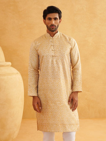 Men HandCrafted Gold-Toned Printed Straight Kurta