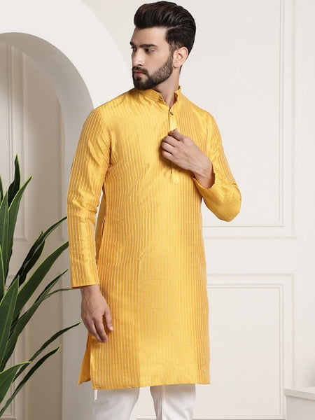 Men Yellow Woven Design Jacquard Straight Kurta