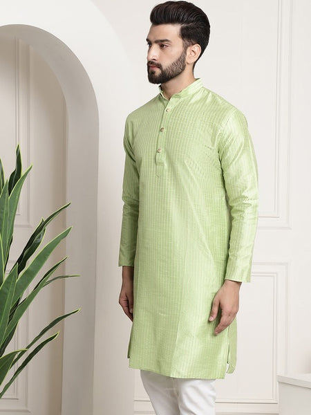Men Pista Green Woven Design Jacquard Straight Kurta