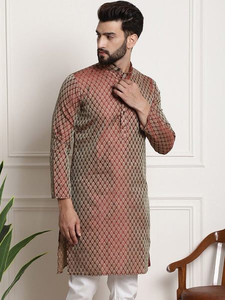 Men Maroon & Golden Ethnic Motifs Jacquard Silk Kurta