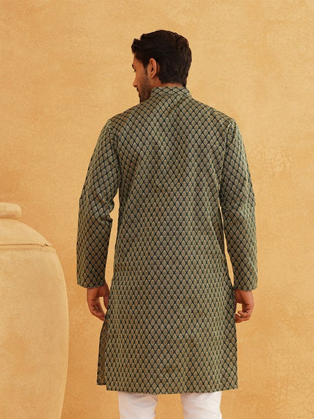 Men Green & Beige Woven Design Jacquard Kurta