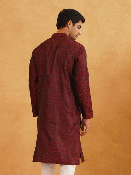 Men HandCrafted Maroon Printed Straight Kurta