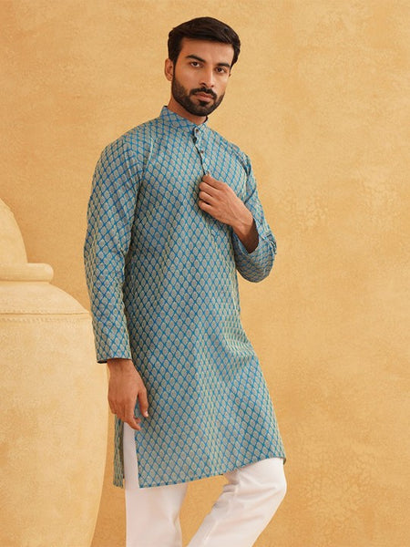 Men Blue & Beige Ethnic Motif Printed Jacquard Silk Kurta