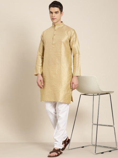 Men Gold Woven Design Jacquard Straight Kurta
