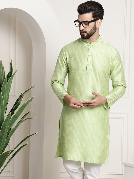 Men Pista Green Woven Design Jacquard Straight Kurta