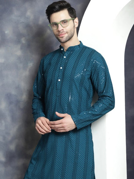 Geometric Sequins Chikankari Embroidered Band Collar Kurta