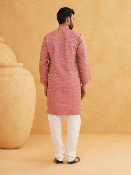 Men Pink & Beige Ethnic Motifs Jacquard Woven Design Straight Kurta