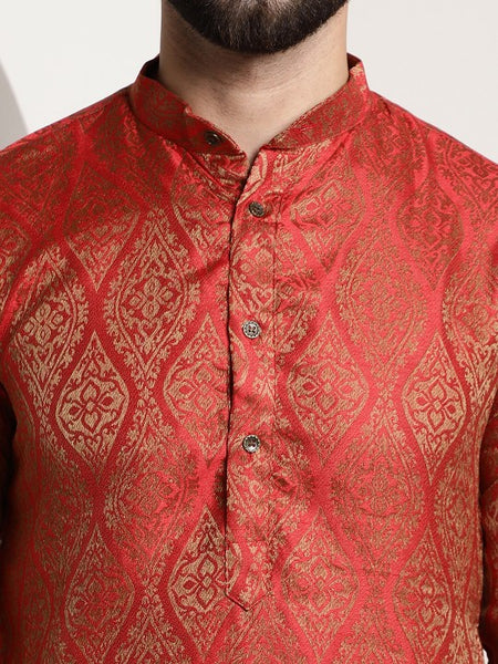 Men Red Woven Design Jacquard Straight Kurta