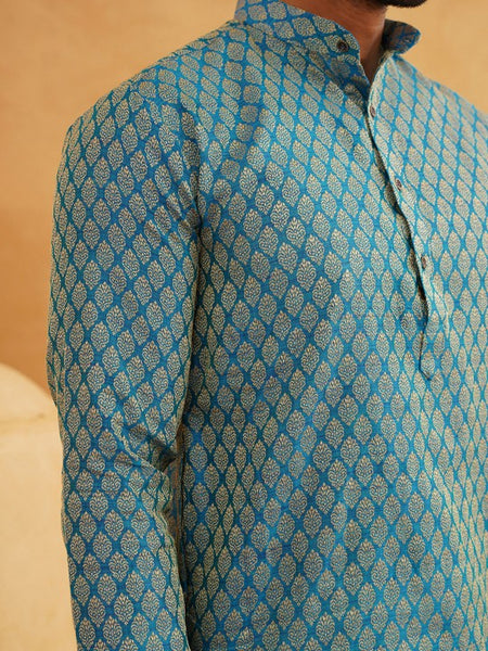 Men Blue & Beige Ethnic Motif Printed Jacquard Silk Kurta