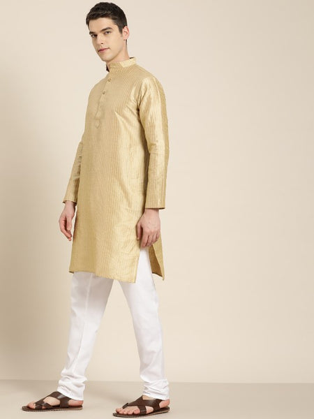 Men Gold Woven Design Jacquard Straight Kurta