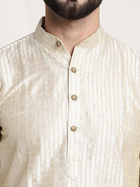 Men cream-coloured Ethnic Motifs Jacquard Silk Kurta