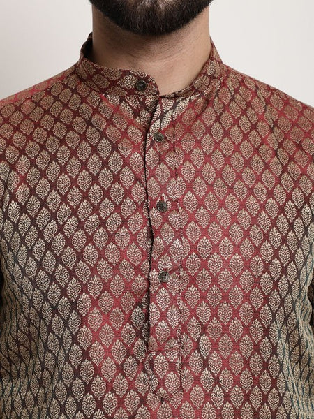 Men Maroon & Golden Ethnic Motifs Jacquard Silk Kurta