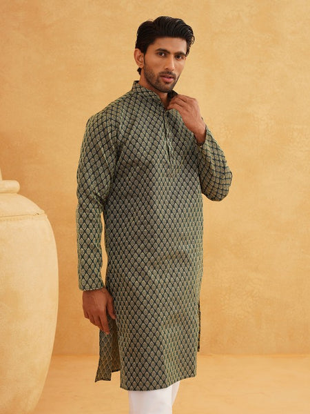 Men Green & Beige Woven Design Jacquard Kurta