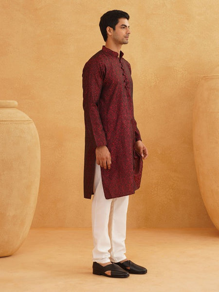 Men HandCrafted Maroon Printed Straight Kurta