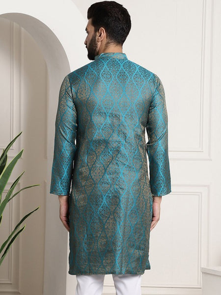 Men Teal & Gold-Toned Indian Ethnic Motif Kurta