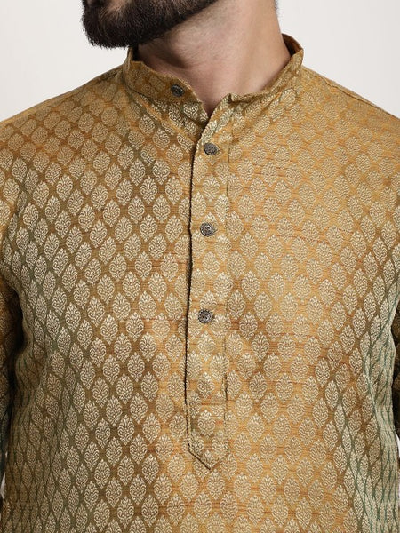 Men Golden & Beige Woven Design Jacquard Kurta