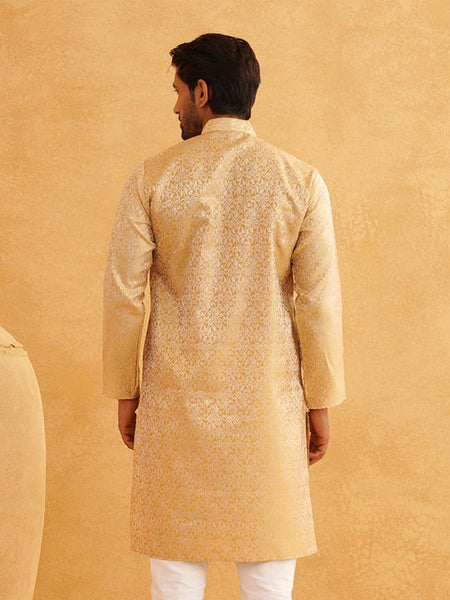Men HandCrafted Gold-Toned Printed Straight Kurta