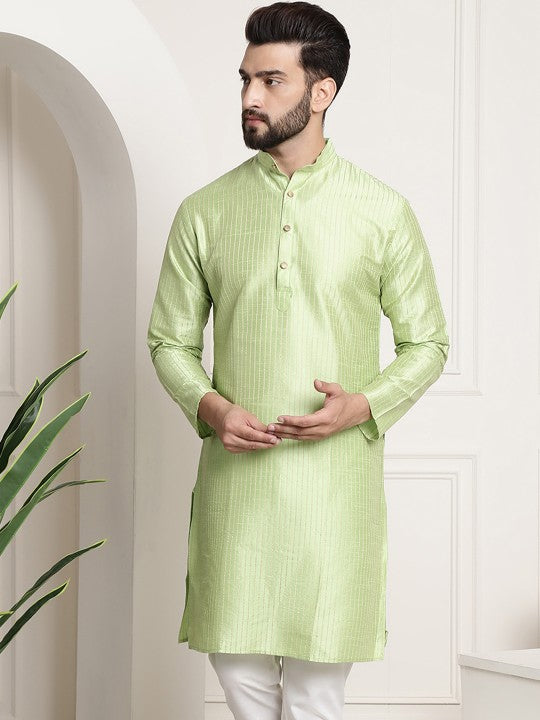 Men Pista Green Woven Design Jacquard Straight Kurta