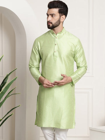 Men Pista Green Woven Design Jacquard Straight Kurta