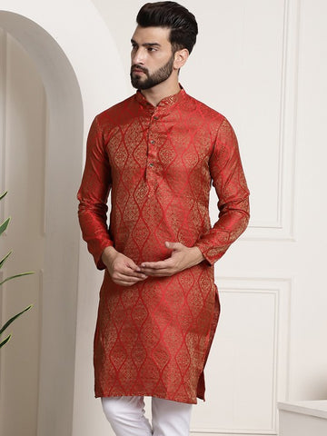 Men Red Woven Design Jacquard Straight Kurta