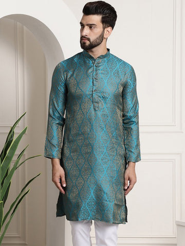 Men Teal & Gold-Toned Indian Ethnic Motif Kurta