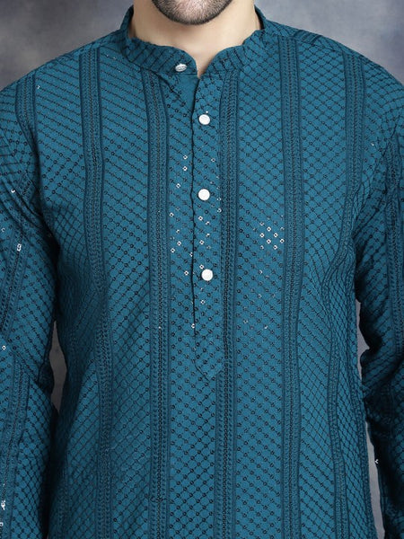 Geometric Sequins Chikankari Embroidered Band Collar Kurta