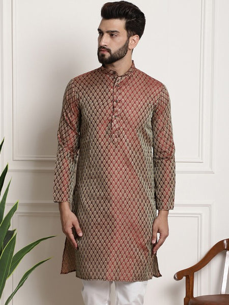 Men Maroon & Golden Ethnic Motifs Jacquard Silk Kurta