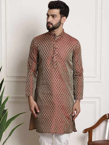 Men Maroon & Golden Ethnic Motifs Jacquard Silk Kurta