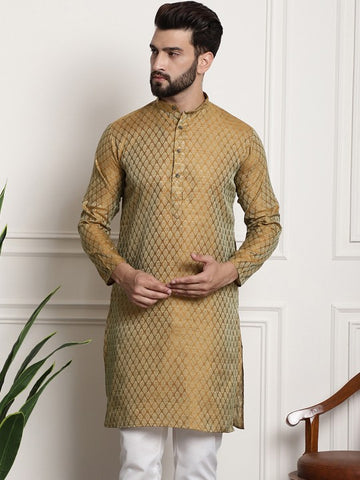 Men Golden & Beige Woven Design Jacquard Kurta
