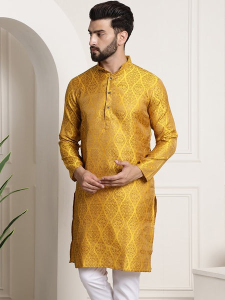 Men Yellow Woven Design Jacquard Straight Kurta