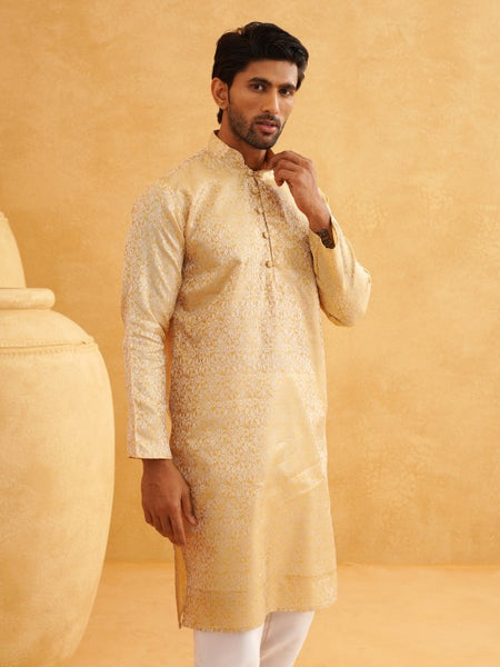 Men HandCrafted Gold-Toned Printed Straight Kurta