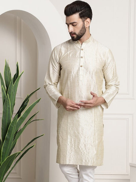 Men cream-coloured Ethnic Motifs Jacquard Silk Kurta