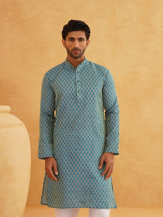 Men Blue & Beige Ethnic Motif Printed Jacquard Silk Kurta