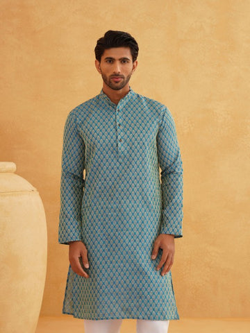 Men Blue & Beige Ethnic Motif Printed Jacquard Silk Kurta