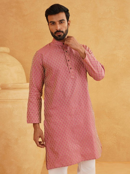 Men Pink & Beige Ethnic Motifs Jacquard Woven Design Straight Kurta