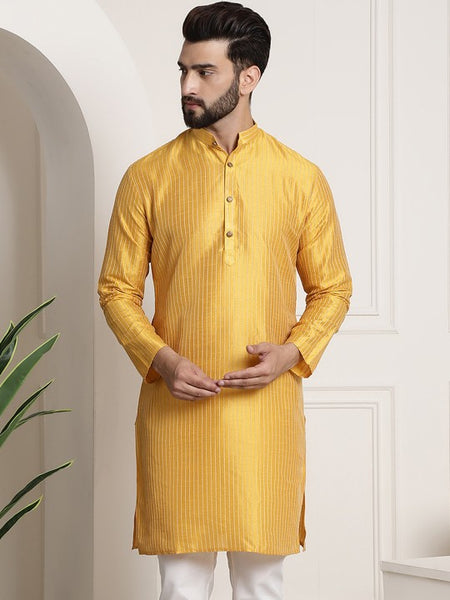 Men Yellow Woven Design Jacquard Straight Kurta